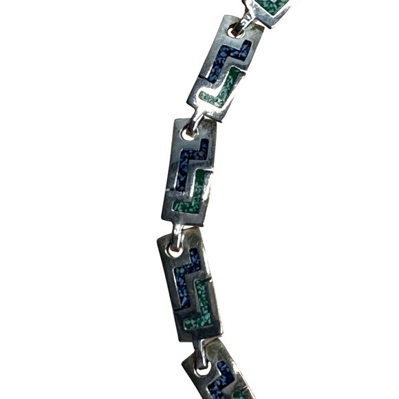 Vintage Mexico Alpaca Silvertone Greek Key Turquoise Inlay Link Necklace 16 3/4" - Picture 3 of 8